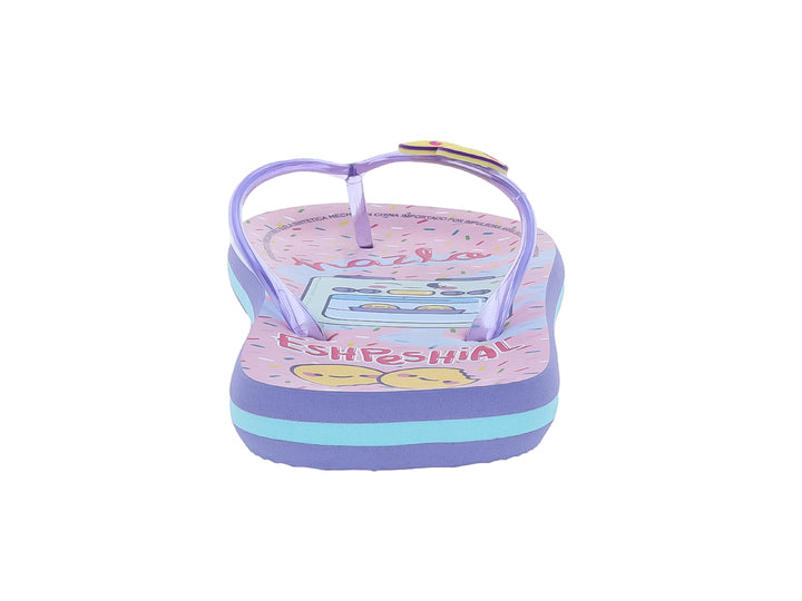 Sandalias infantiles tipo flip-flop en color lila y azul con detalles decorativos.