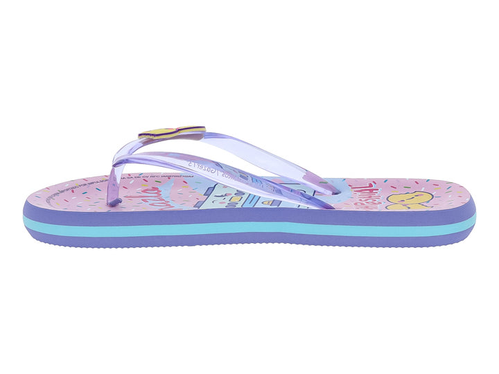 Sandalias infantiles tipo flip-flop en color lila y azul con detalles decorativos.