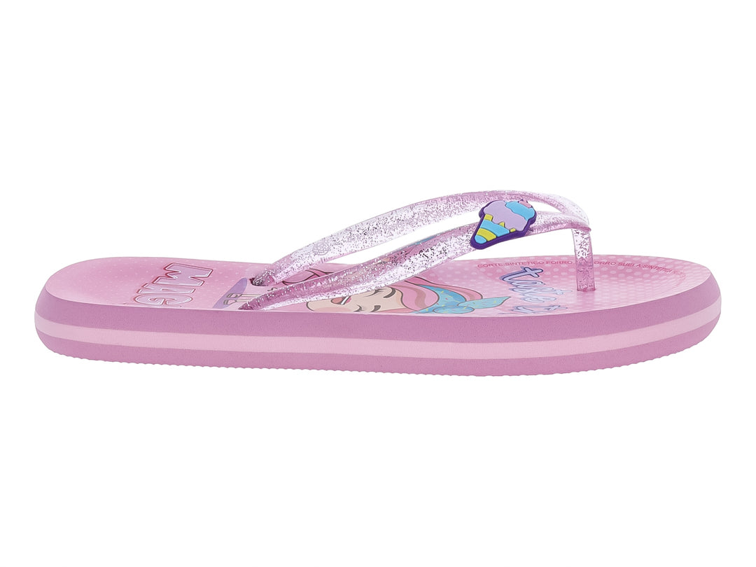 Sandalias tipo flip-flop color rosa con tiras brillantes y detalle decorativo para niña.