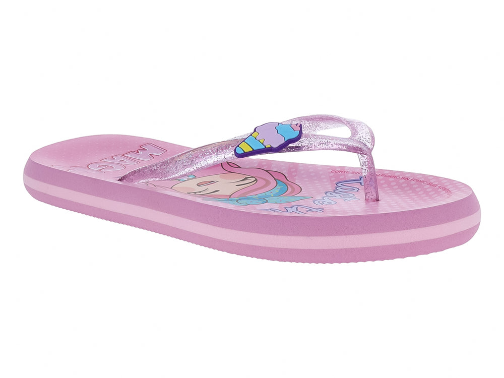 Sandalias tipo flip-flop color rosa con tiras brillantes y detalle decorativo para niña.