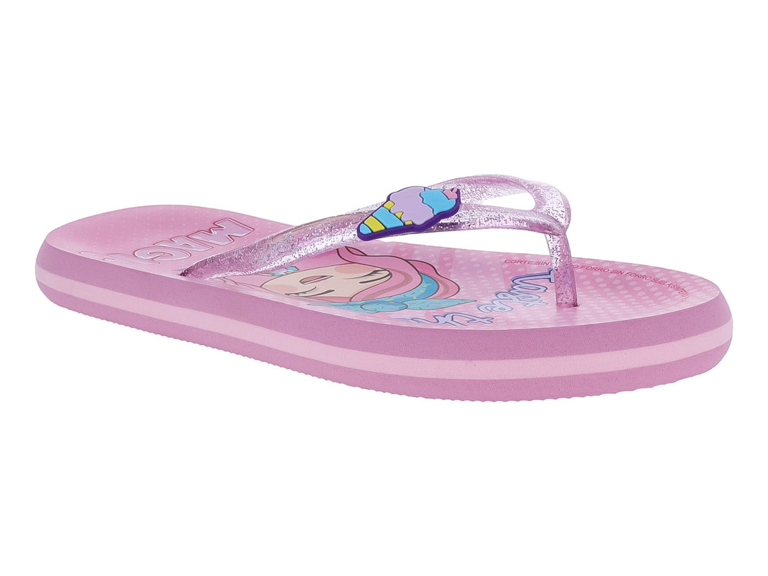 Sandalias tipo flip-flop color rosa con tiras brillantes y detalle decorativo para niña.