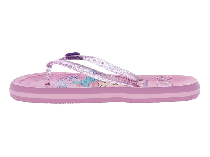 Sandalias tipo flip-flop color rosa con tiras brillantes y detalle decorativo para niña.