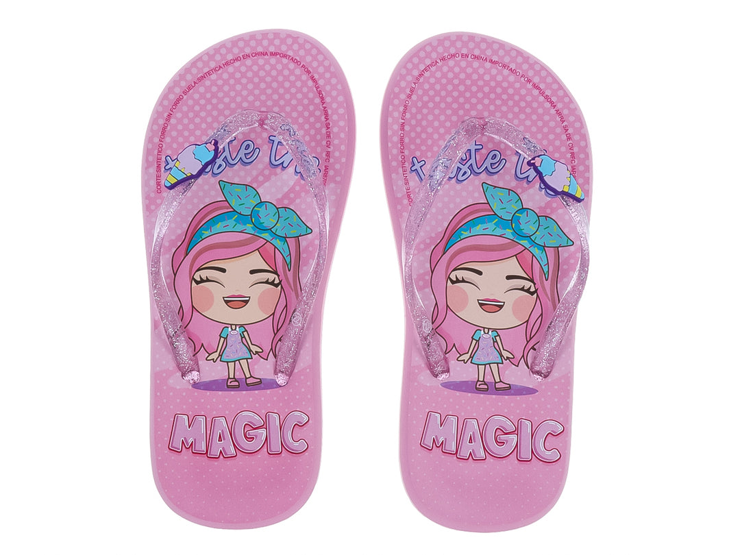 Sandalias tipo flip-flop color rosa con tiras brillantes y detalle decorativo para niña.