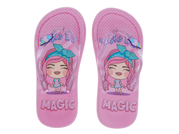 Sandalias tipo flip-flop color rosa con tiras brillantes y detalle decorativo para niña.