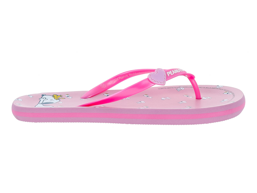 Sandalias rosa tipo flip-flop con detalle de corazón en la tira y pequeños estampados blancos en la suela.