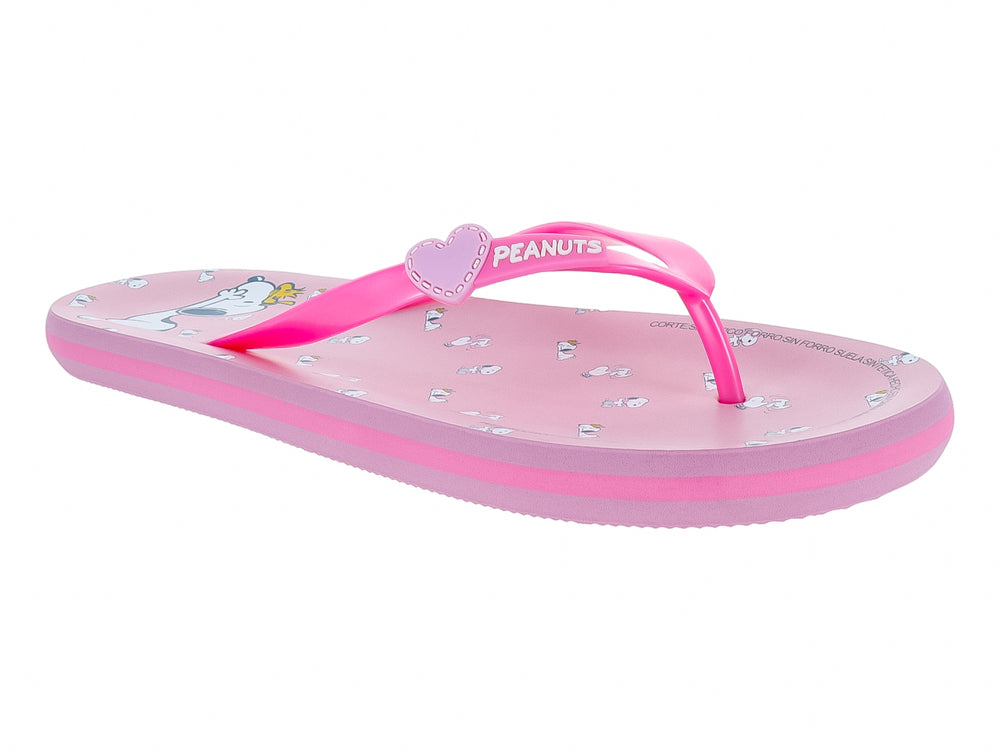 Sandalias rosa tipo flip-flop con detalle de corazón en la tira y pequeños estampados blancos en la suela.