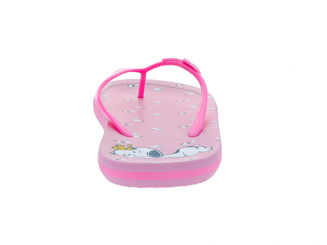 Sandalias rosa tipo flip-flop con detalle de corazón en la tira y pequeños estampados blancos en la suela.