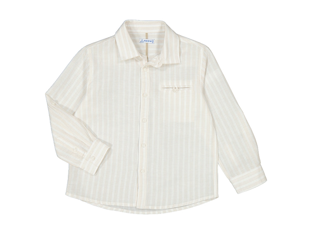 Camisa de lino blanca con rayas beige verticales, manga larga y bolsillo frontal para niño.
