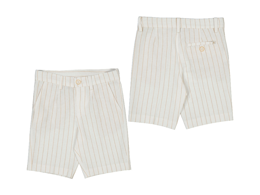 Bermudas de lino blancas con rayas beige verticales para niño, vistas frontal y posterior.