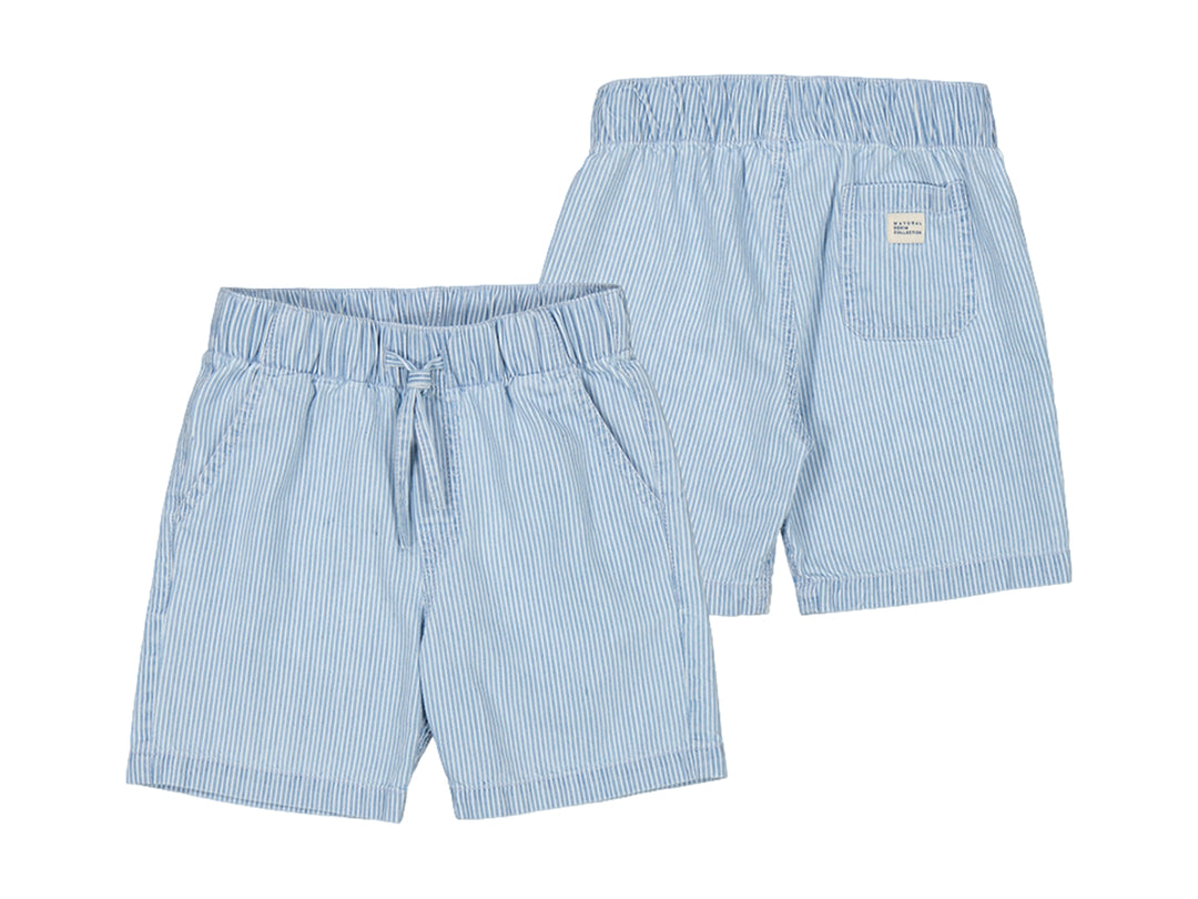Bermuda infantil de rayas azules y blancas con cintura elástica y cordón.