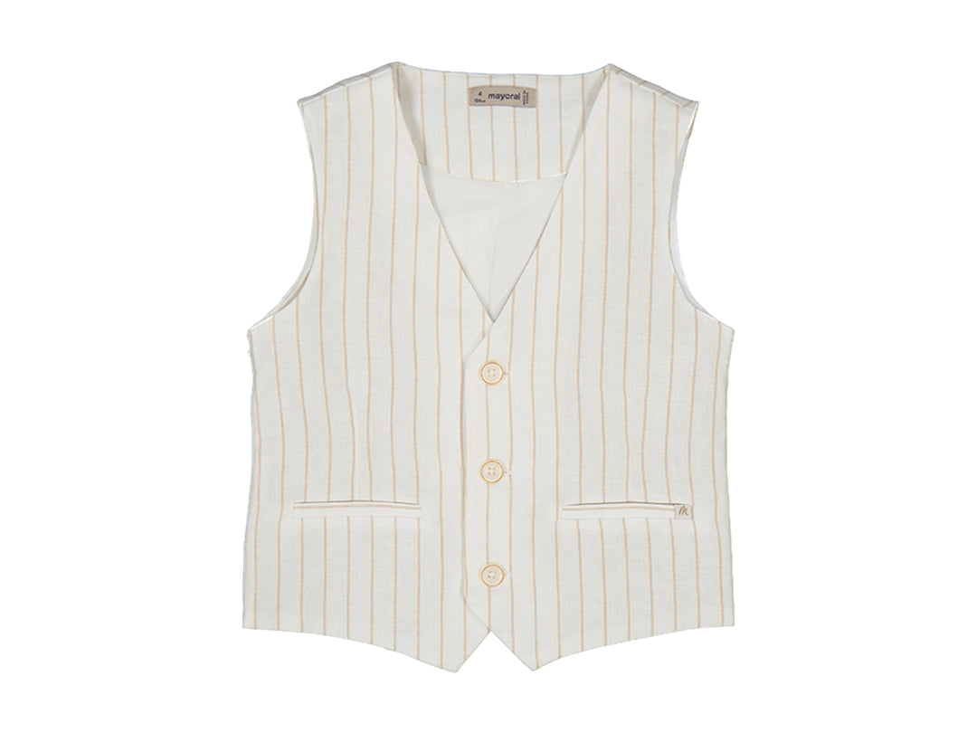 Chaleco de lino color blanco con rayas beige y tres botones frontales para niño.