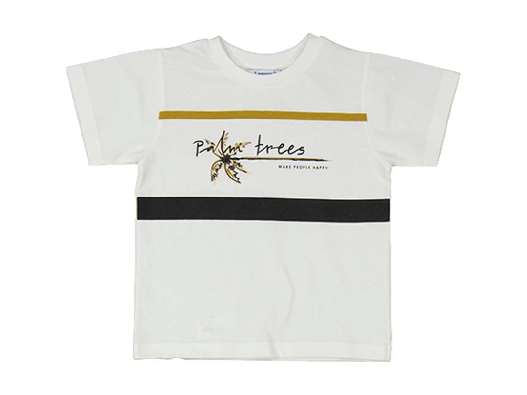 Camiseta blanca para Niño con rayas horizontales en color duna y negro y estampado de palmera.