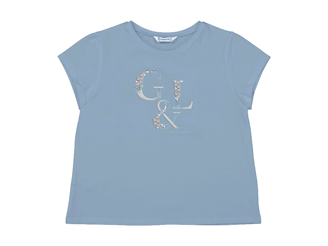 Camiseta azul océano de manga corta con estampado decorativo G&amp;L en el pecho.