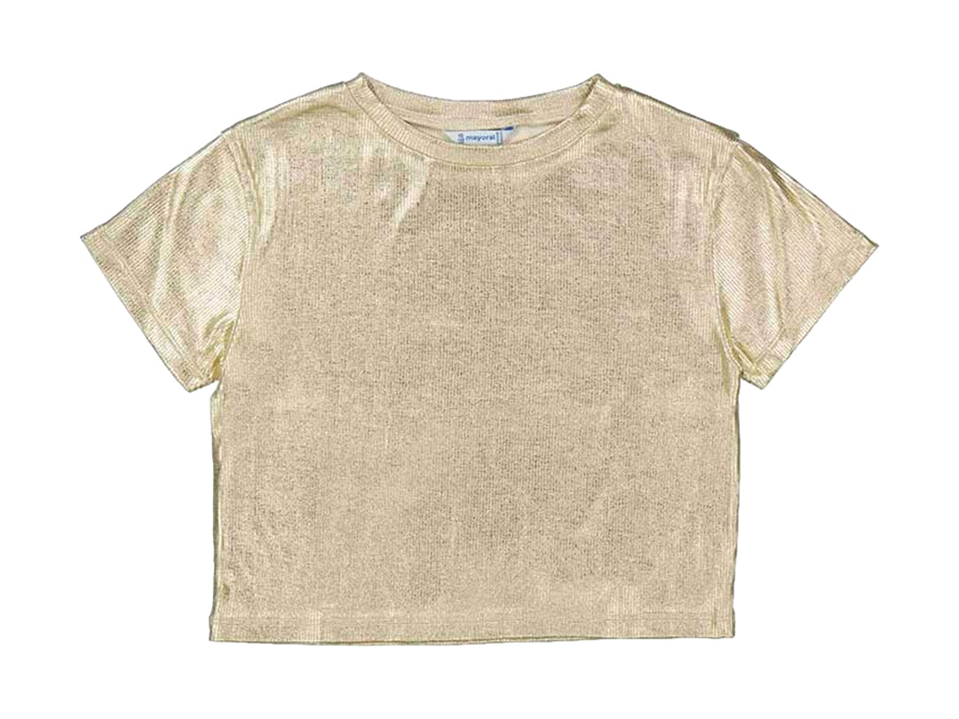 Camiseta de manga corta color dorado brillante con textura acanalada para niños.