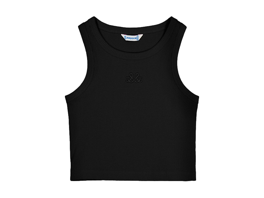Camiseta de tirantes color negro con textura acanalada de la marca Mayoral.