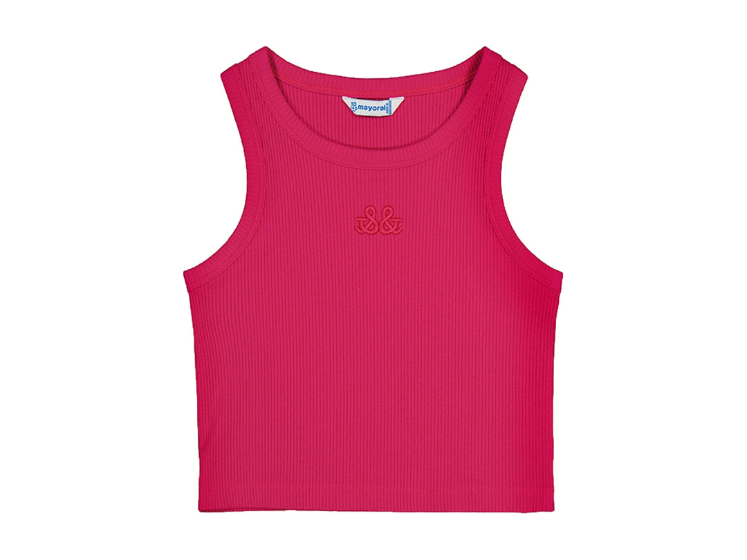 Camiseta de tirantes color rosa hibiscus con textura acanalada de la marca Mayoral.