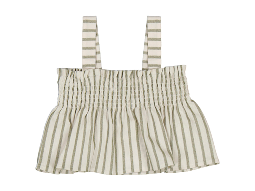 Blusa de tirantes a rayas blancas y verdes con sección central fruncida.