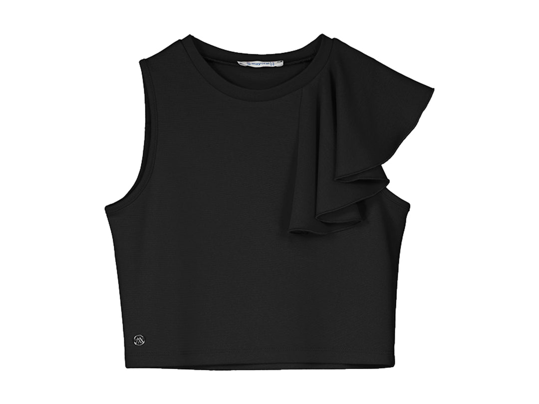 Camiseta negra sin mangas con detalle de volante en un hombro y pequeño logo metálico.