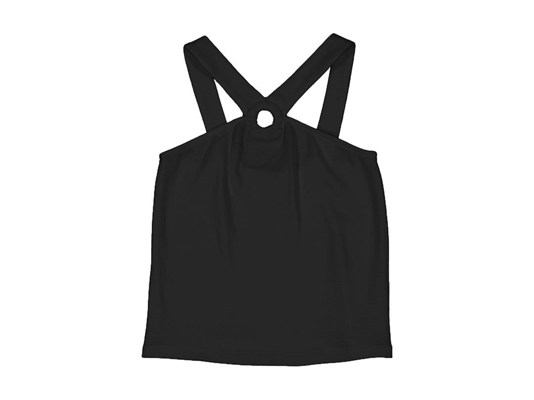 Camiseta negra de tirantes con detalle de anillo frontal.