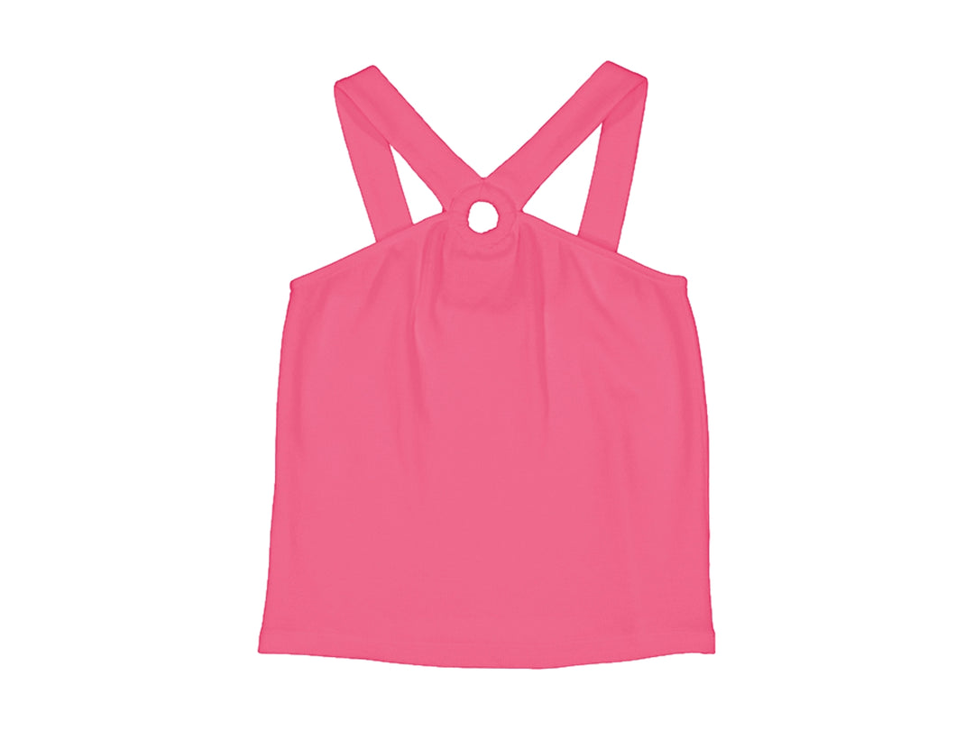 Camiseta rosa de tirantes cruzados con detalle de arandela en el centro para niña.