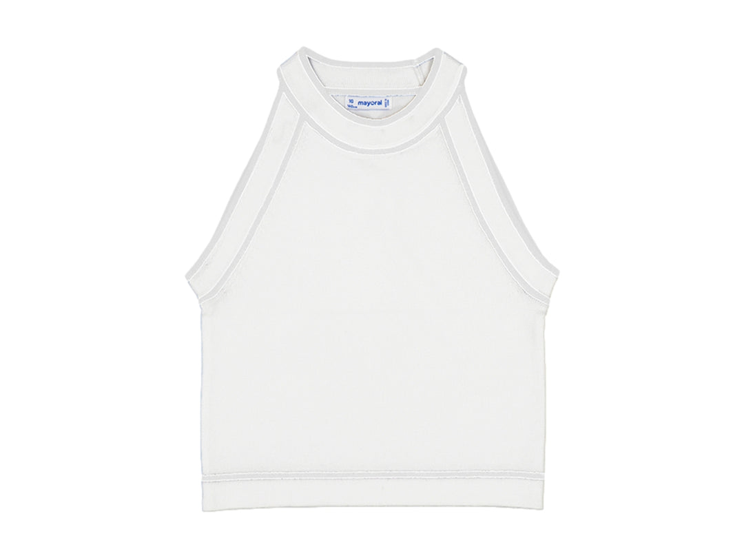 Top sin mangas de color crudo con cuello alto marca Mayoral.