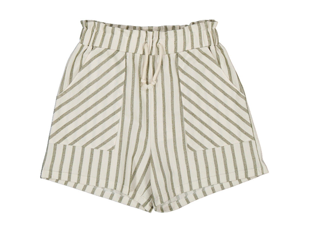Pantalón corto infantil a rayas blancas y verdes con cintura elástica y cordón.