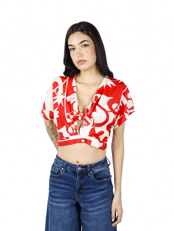 Blusa Corta Ingrid Rojo con Estampado de Hojas para Mujer