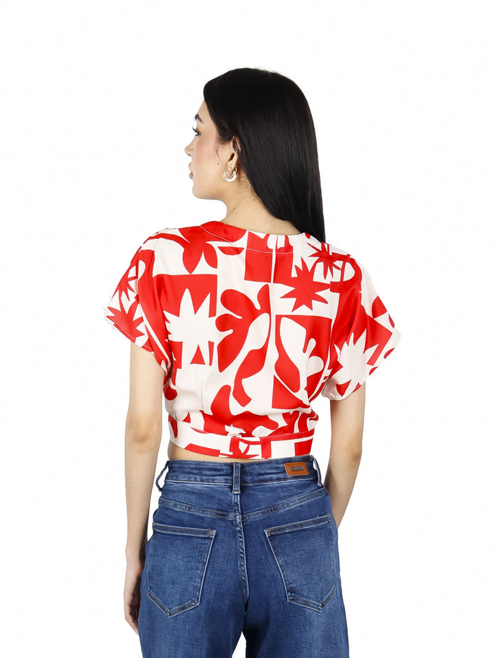 Blusa Corta Ingrid Rojo con Estampado de Hojas para Mujer