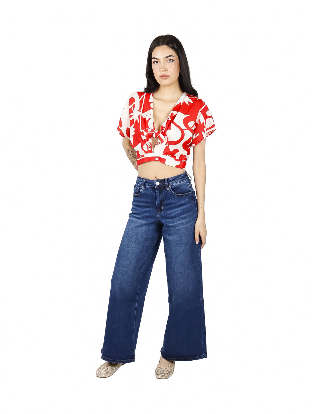 Blusa Corta Ingrid Rojo con Estampado de Hojas para Mujer