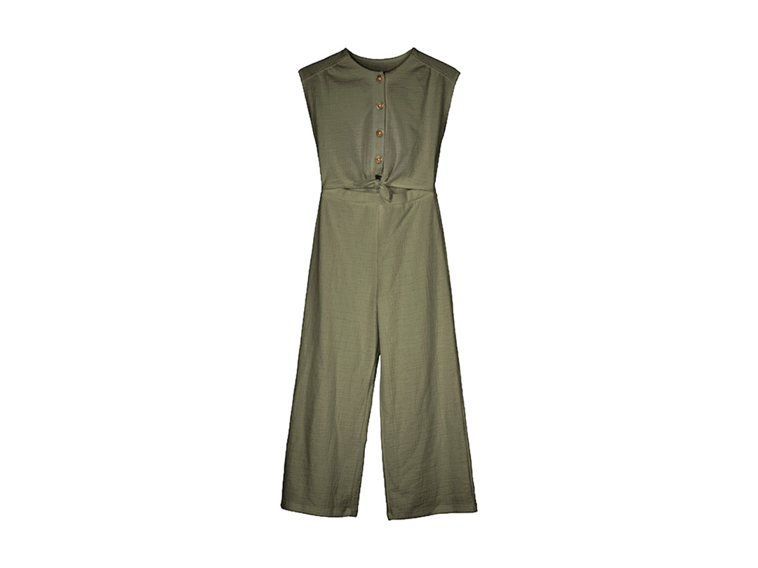 Mono largo color verde musgo para niños con botones frontales y pantalones anchos.