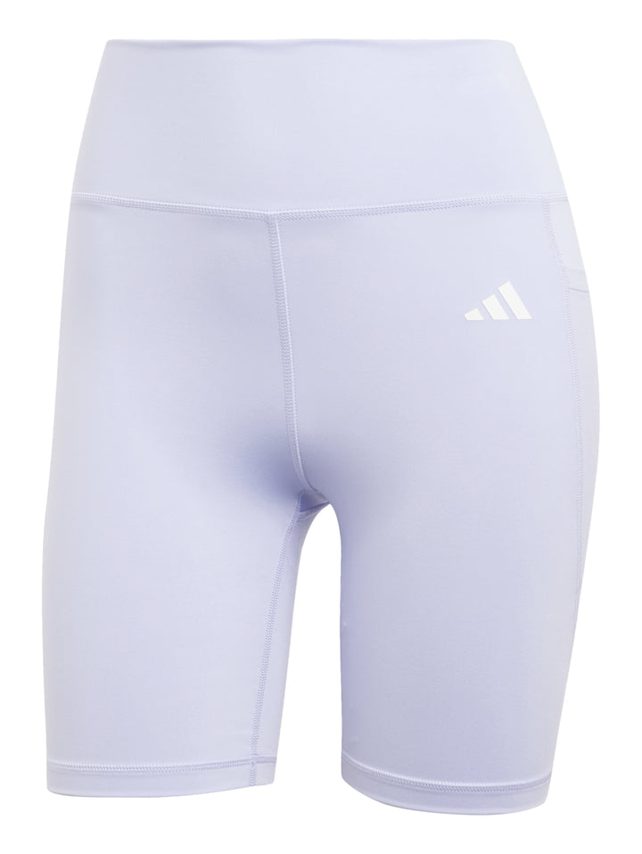 Mallas cortas deportivas de color morado claro con cintura alta y logo de Adidas.
