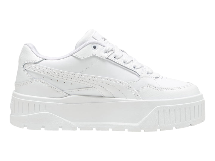 Tenis PUMA Carmen II Idol JR en color blanco con suela de plataforma gruesa y detalles en plata.