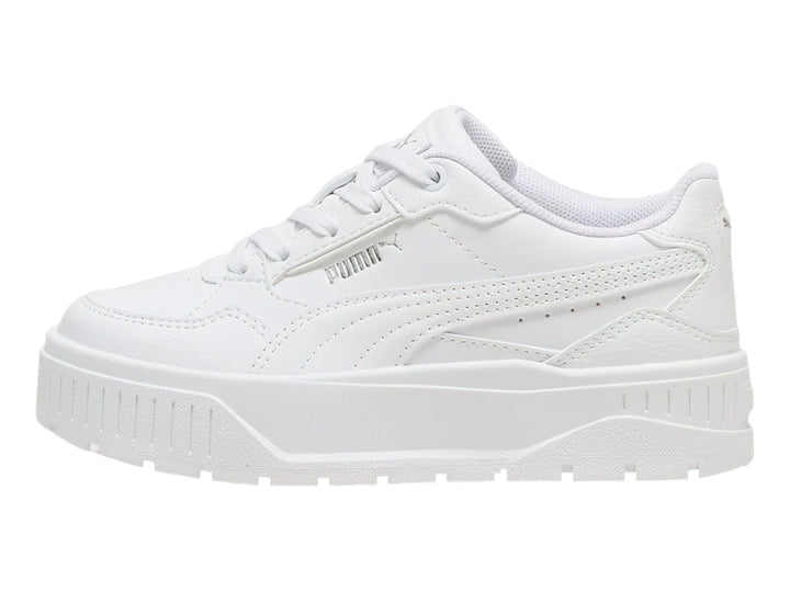 Tenis PUMA blancos con suela de plataforma gruesa para niños.
