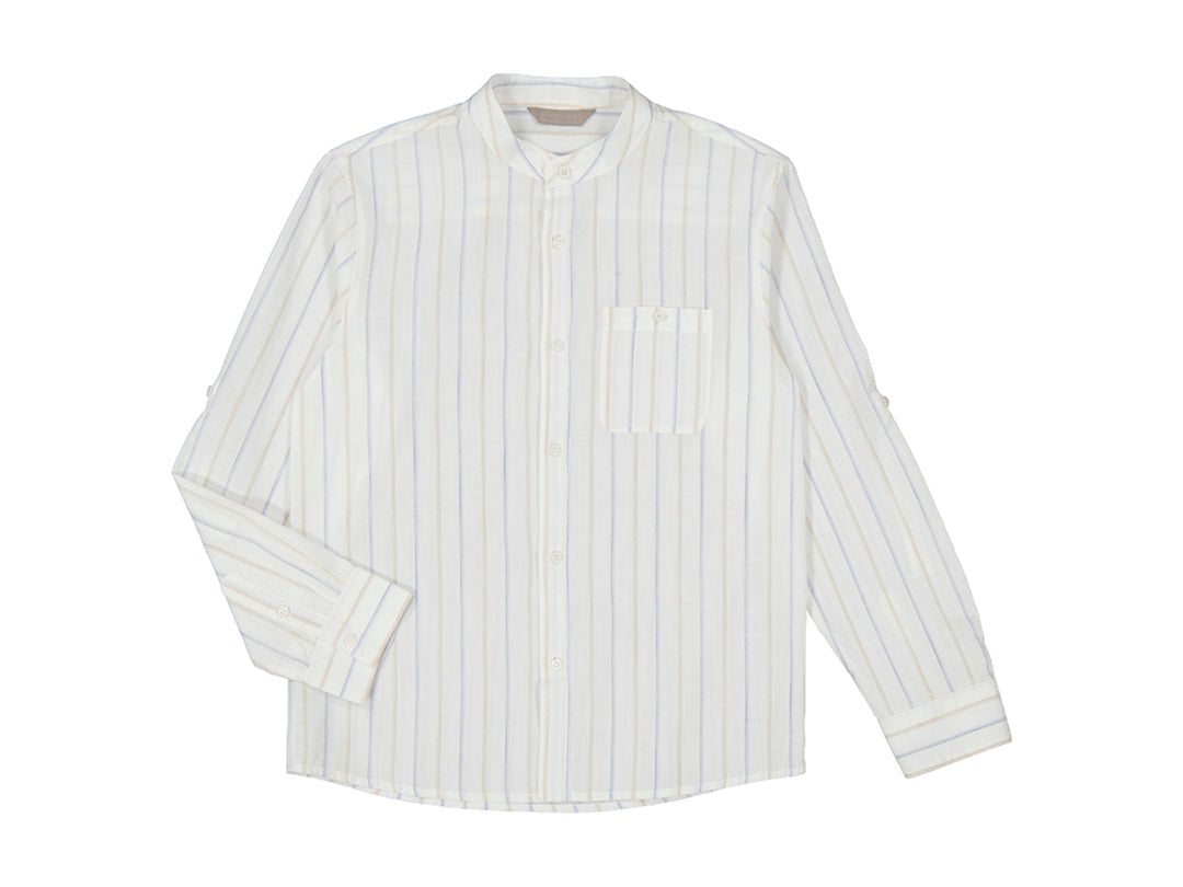 Camisa blanca de manga larga con rayas verticales azules y beige para niño.