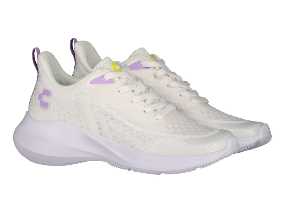 Tenis deportivos Charly en color blanco con detalles en lila, diseño ligero y moderno para deporte.