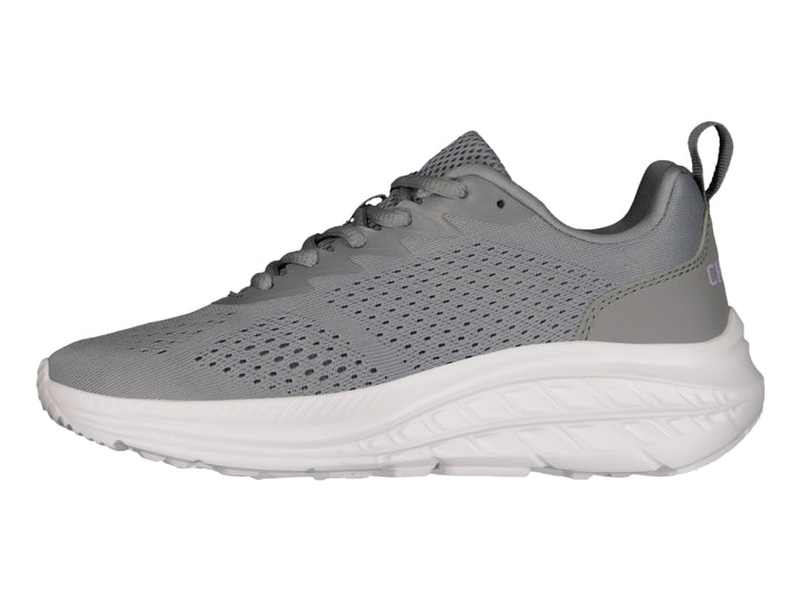 Tenis deportivos Charly en color gris con suela blanca y detalles en lila.