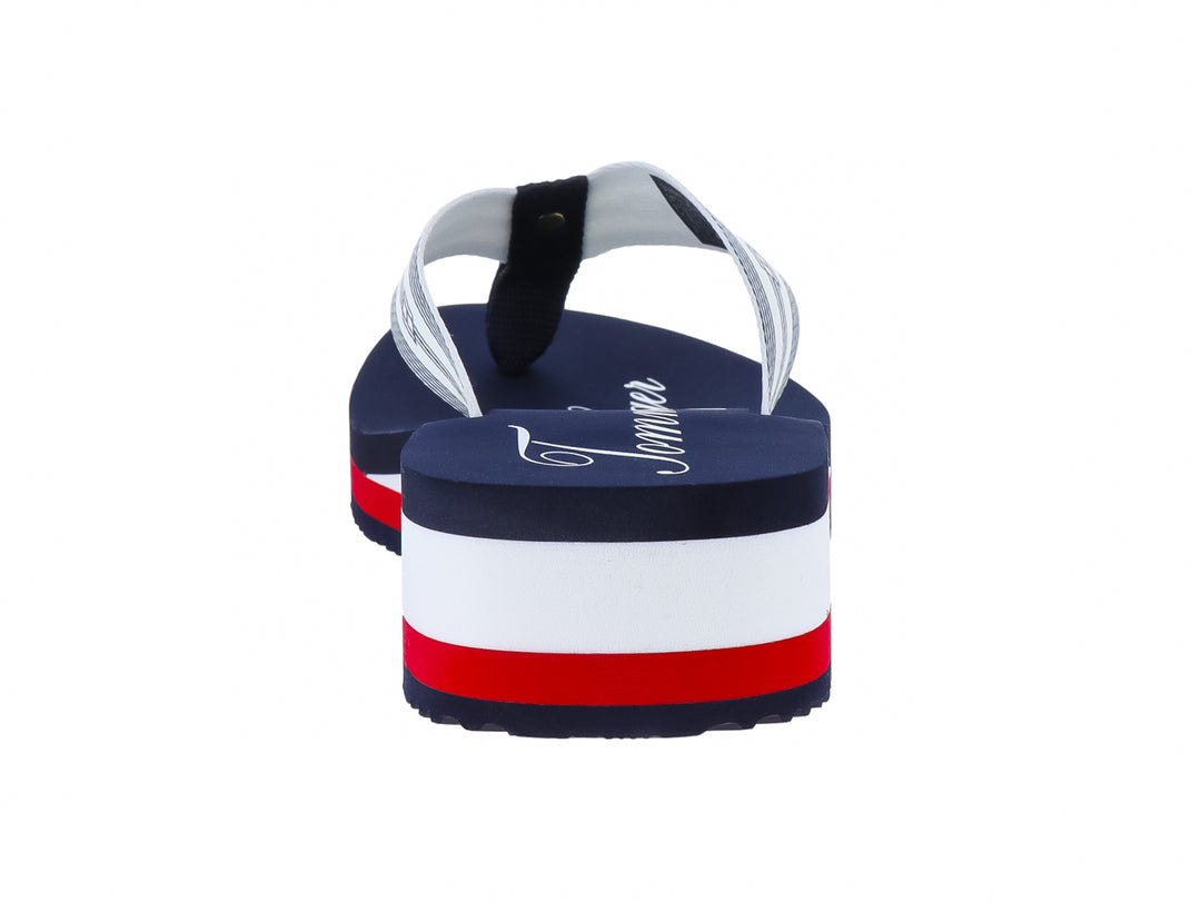 Sandalias de dedo Tommy Hilfiger azul marino con suela de plataforma en blanco y rojo.