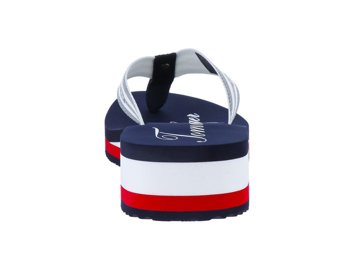 Sandalias de dedo Tommy Hilfiger azul marino con suela de plataforma en blanco y rojo.