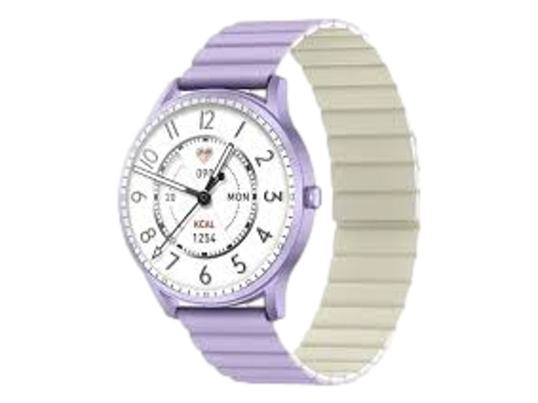 Reloj inteligente Kieslect Lora de color morado con esfera blanca y correa de eslabones estriados.