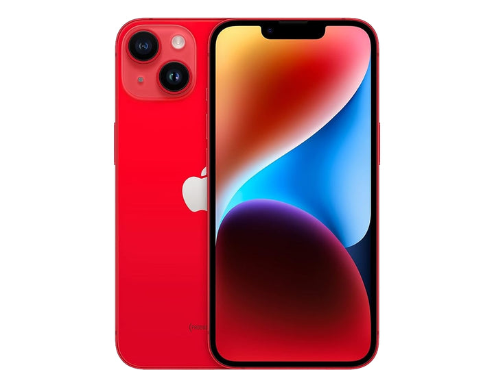 iPhone 14 color rojo, vista frontal y posterior sobre fondo blanco.