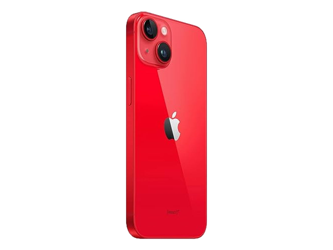 iPhone 14 color rojo, vista frontal y posterior sobre fondo blanco.