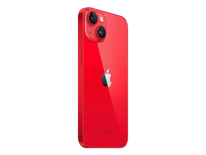 iPhone 14 color rojo, vista frontal y posterior sobre fondo blanco.
