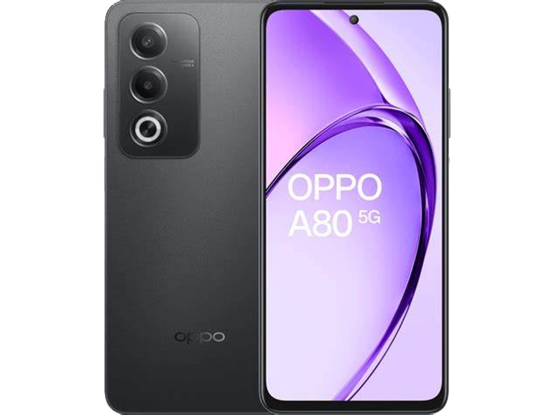 Smartphone OPPO A80 5G color negro, vista frontal de la pantalla y vista posterior con módulo de cámaras.