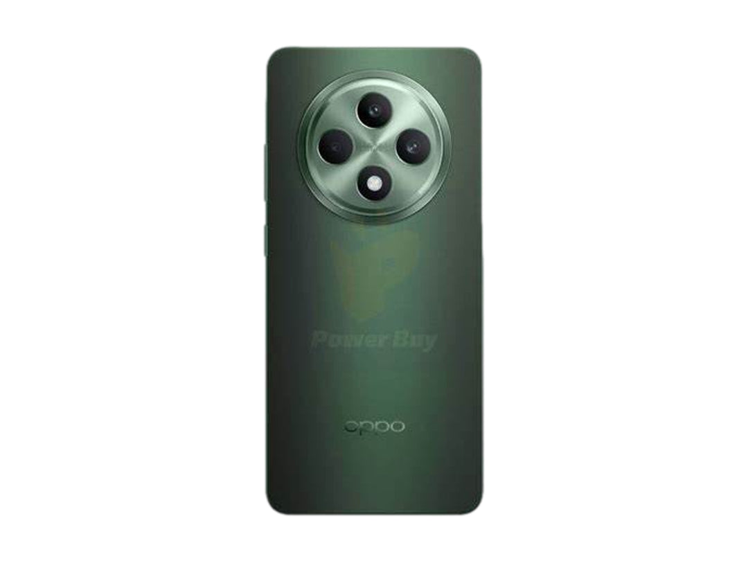 Parte posterior de un teléfono OPPO Reno 12F 5G en color verde con módulo de cámara circular