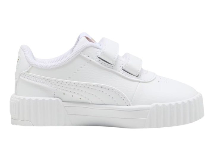 Tenis PUMA Carina 3.0 V infantiles en color blanco con cierre de velcro y suela de plataforma.