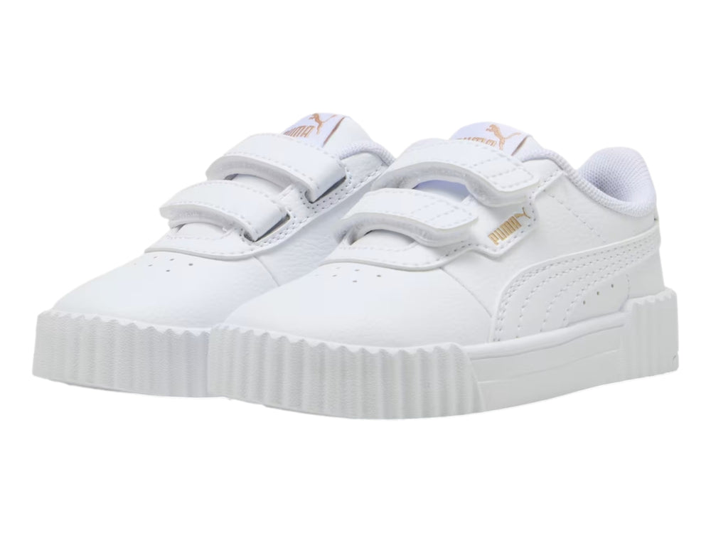 Tenis PUMA Carina 3.0 V infantiles en color blanco con cierre de velcro y suela de plataforma.