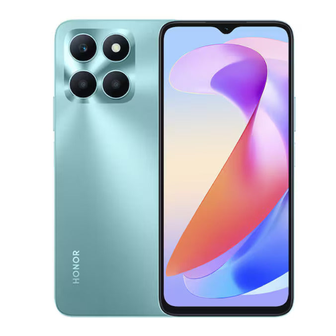Teléfono inteligente HONOR de color azul con pantalla frontal y vista posterior que muestra el módulo de cámaras.
