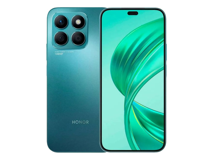 Smartphone HONOR X8B en color azul, mostrando la vista frontal de la pantalla y la vista trasera con cámaras.