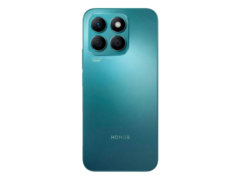 Smartphone HONOR X8B en color azul, mostrando la vista frontal de la pantalla y la vista trasera con cámaras.