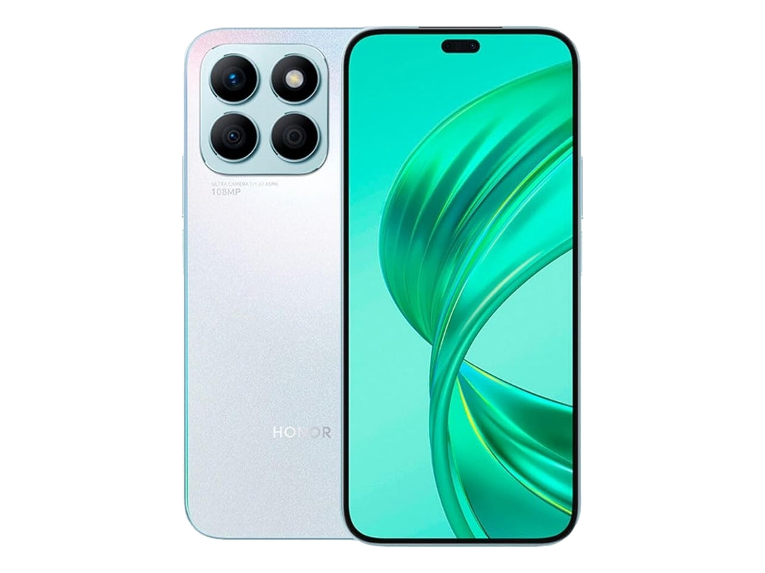 Smartphone HONOR color plata con pantalla frontal encendida y módulo de cuatro cámaras en la parte posterior.